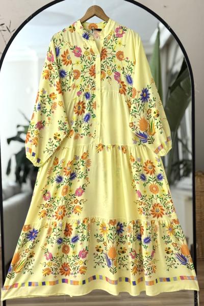 Patlı yarım Düğmeli  Desenli Elbise Sarı  UMS50261