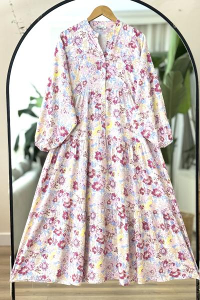 Patlı Yarım Düğmeli Çiçekli Elbise pembe UMS50284