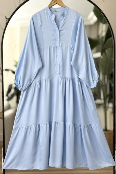 Patlı yarım Düğmeli filaş viskon Elbise Mavi UMS50291