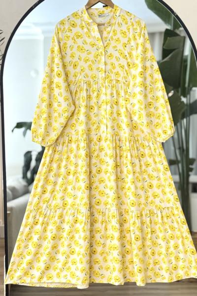 Patlı Yarım Düğmeli çiçek Desenli Viskon Elbise Sarı UMS50293