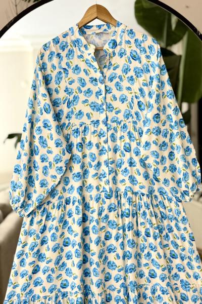 Patlı Yarım Düğmeli çiçek Desenli Viskon Elbise Mavi UMS50293