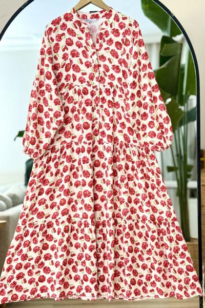 Patlı Yarım Düğmeli çiçek Desenli Viskon Elbise Boro UMS50293