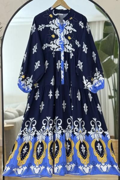 Patlı Yarım Düğmeli Salaş Elbise Lacivert UMS50287