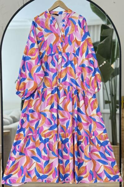 Patlı yarım Düğmeli Yaprak Desenli  Elbise Fuşya UMS50294