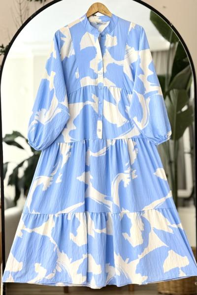 Patli Yarım Düğmeli Lilyum Elbise Mavi UMS50300