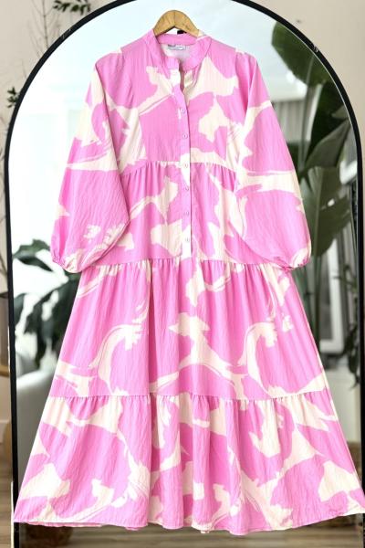 Patli Yarım Düğmeli Lilyum Elbise Pembe UMS50300