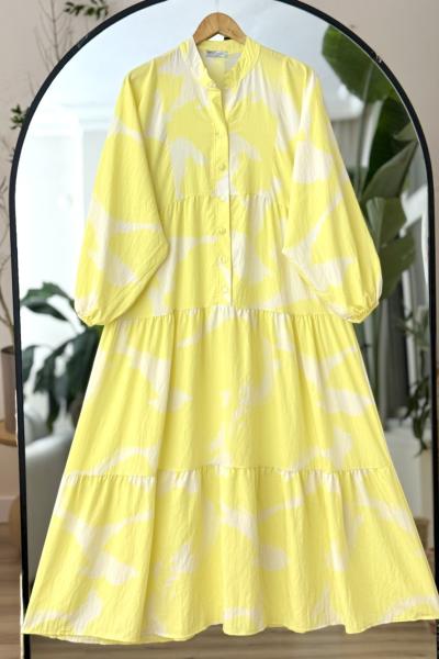 Patli Yarım Düğmeli Lilyum Elbise Sarı UMS50300