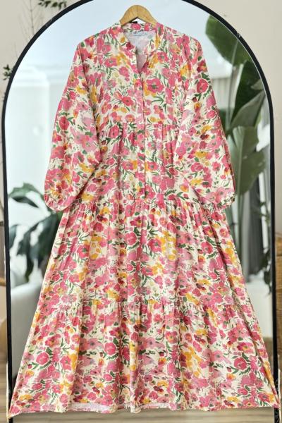 Patlı Yarım Düğmeli lilyüm Elbise Pembe UMS50303