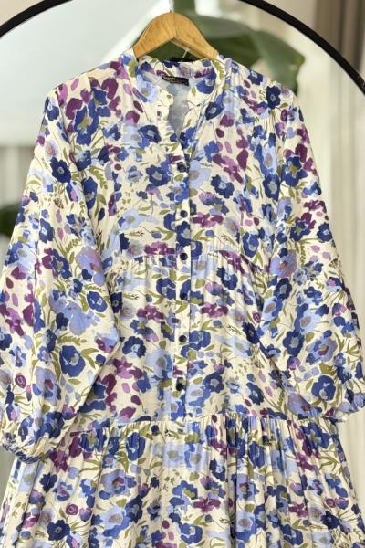 Patlı Yarım Düğmeli lilyüm Elbise Mavi UMS50303