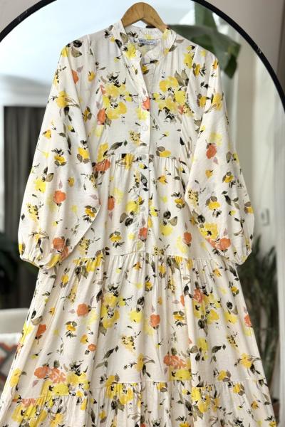 Patlı Yarım Düğmeli  lilyüm elbise Sarı UMS50310