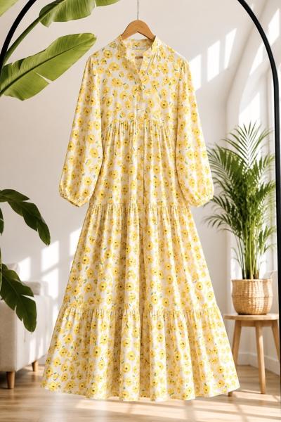 Patlı Yarım Düğmeli  Çiçek Desen Elbise Sarı UMSK50293
