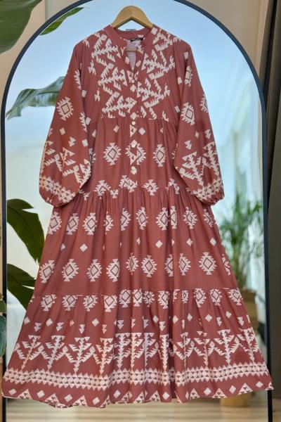 Patlı Yarım Düğmeli Viskon Salaş Elbise Tarçın UMS50164