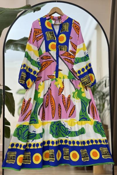 Patlı Yarım Düğmeli Elbise Pembe UMS 50173