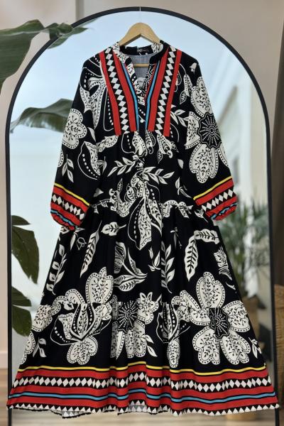 Patlı Yarım Düğmeli  Viskon Kiloş Elbise Siyah UMS50178