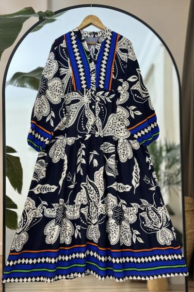 Patlı Yarım Düğmeli  Viskon Kiloş Elbise Lacivert UMS50178