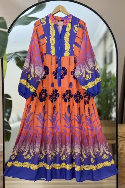 Patlı Yarım Düğmeli Elbise Turuncu UMS50189