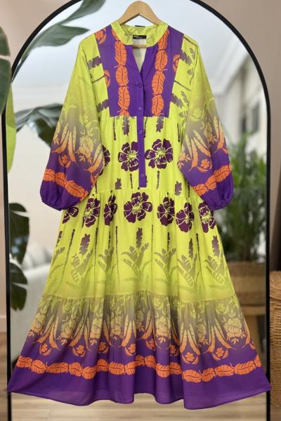 Patlı Yarım Düğmeli Elbise SarıUMS50189