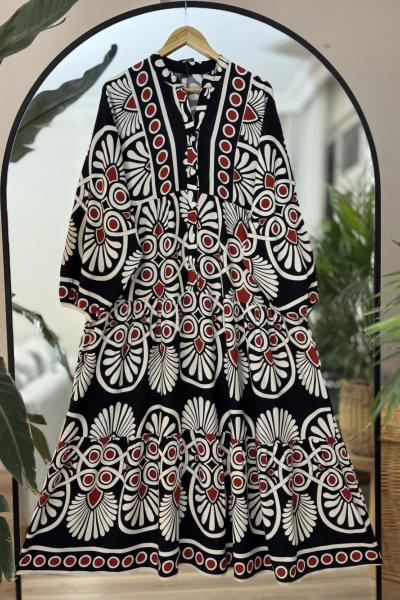 Patlı Yarım Düğmeli Viskon Elbise Siyah  UMS50190