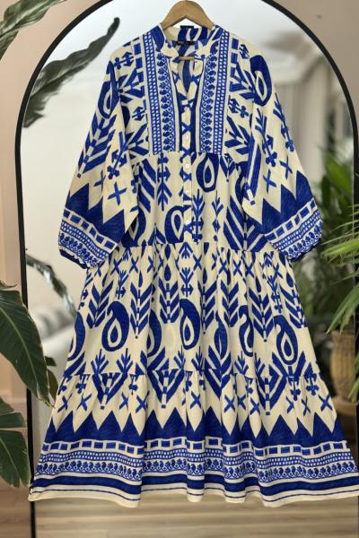 Patlı Yarım Düğmeli Viskon Elbise Mavi UMS50191