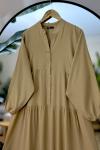 Patlı Yarım Düğmeli Viskon Elbise Camel  UMS50194