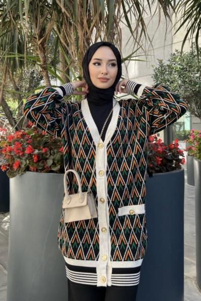 Pattern  hırkalı Triko takım siyah-ekru TCN4008