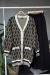 Pattern  hırkalı Triko takım siyah-ekru TCN4008