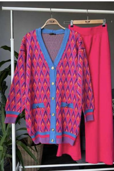 Pattern  hırkalı Triko takım fuşya TCN4008