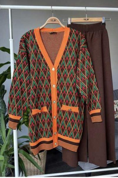 Pattern  hırkalı Triko takım kahve  TCN4008