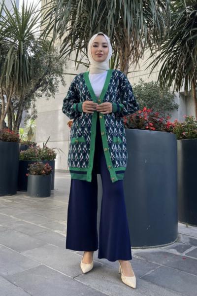 Pattern  hırkalı Triko takım lacivert   TCN4008