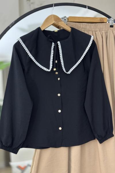 Pelerin Yaka bağciklı Gömlek Siyah TB8513