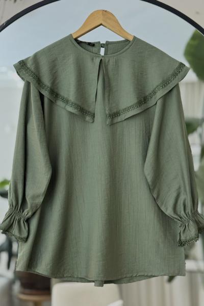 Pelerin Yakalı dantel  Detaylı Tunik Yeşil 4094