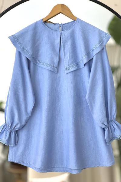 Pelerin Yakalı dantel  Detaylı Tunik mavi 4094