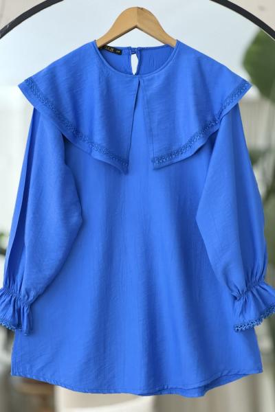 Pelerin Yakalı dantel  Detaylı Tunik Saks 4094