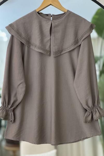 Pelerin Yakalı dantel  Detaylı Tunik Vizon 4094