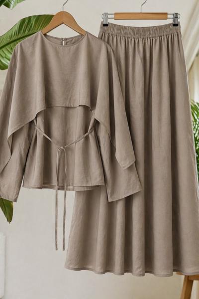 Pelerinli etek blüz Takım vizon YN 40369