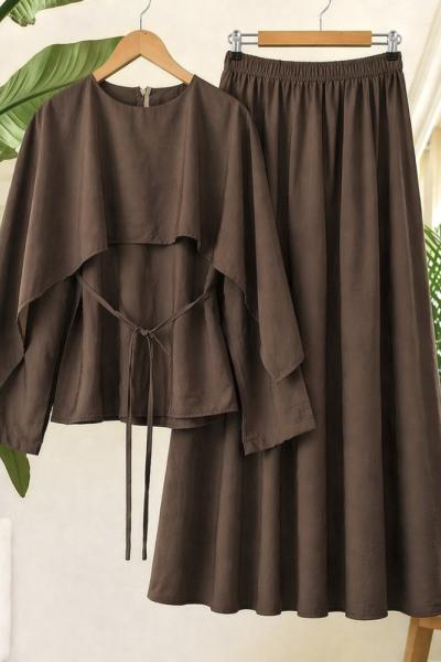 Pelerinli etek blüz Takım Kahverengi  YN 40369