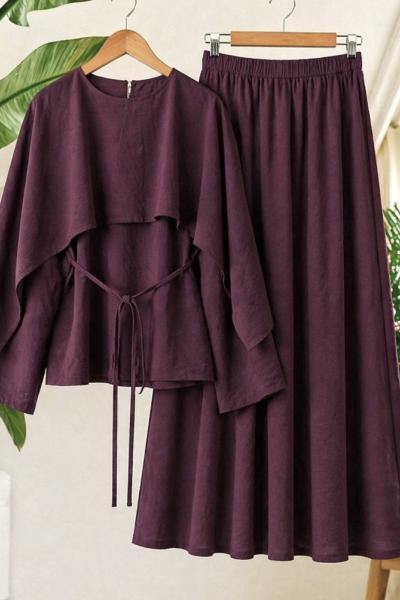 Pelerinli etek blüz Takım Mürdüm  YN 40369