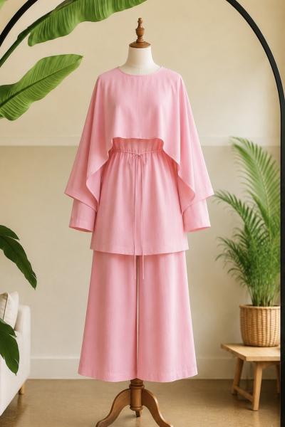 Pelerinli pantolon tunik takım Pembe YR2081