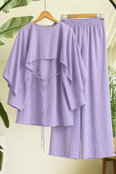 Pelerinli pantolon tunik takım Lila  YR2081