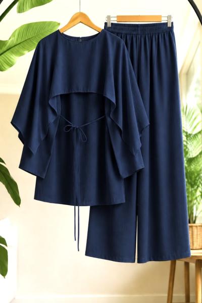 Pelerinli pantolon tunik takım Lacivert  YR2081