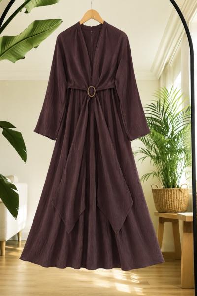 Pelerinli Tokalı Elbise Kahve  BK 9578