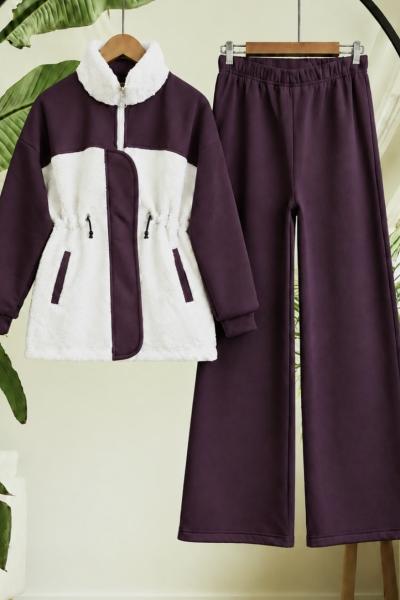 Peluş Detaylı Şardonlu Üç İplik Takım Mürdüm EF2729