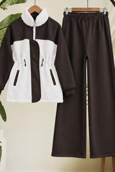 Peluş Detaylı Şardonlu Üç İplik Takım Kahve EF2729
