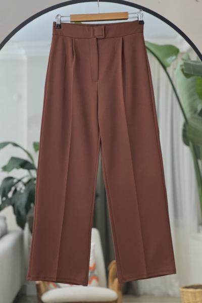 Pileli bolpaça kumaş pantolon Kahve SLT30517