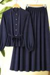 Pileli  metal düğme etek bluz Takım Lacivert BK9569
