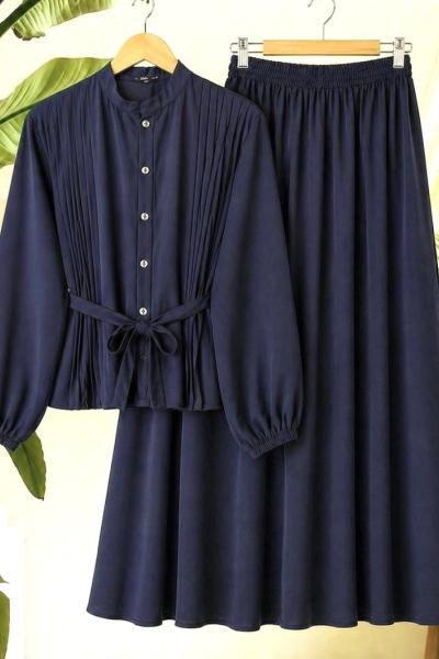 Pileli  metal düğme etek bluz Takım Lacivert BK9569
