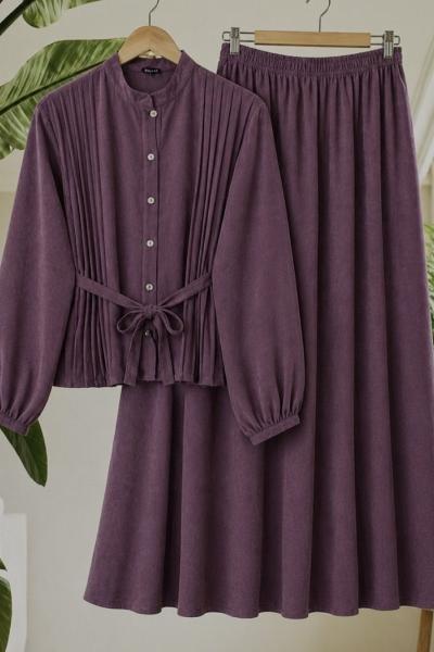 Pileli  metal düğme etek bluz Takım Mürdüm BK9569