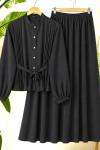 Pileli  metal düğme etek bluz Takım Siyah BK9569