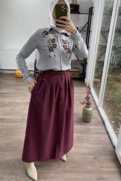 Pileli ön düğmeli uzun etek