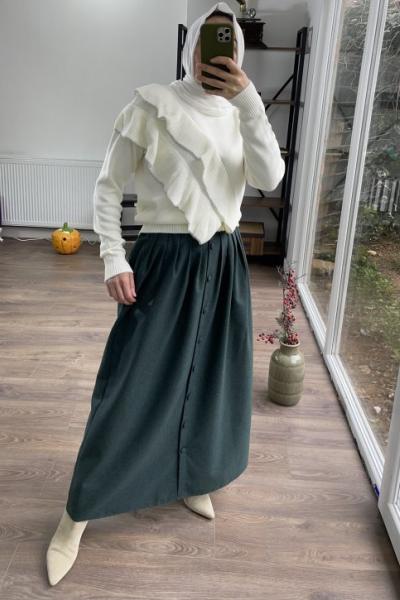 Pileli ön düğmeli uzun etek